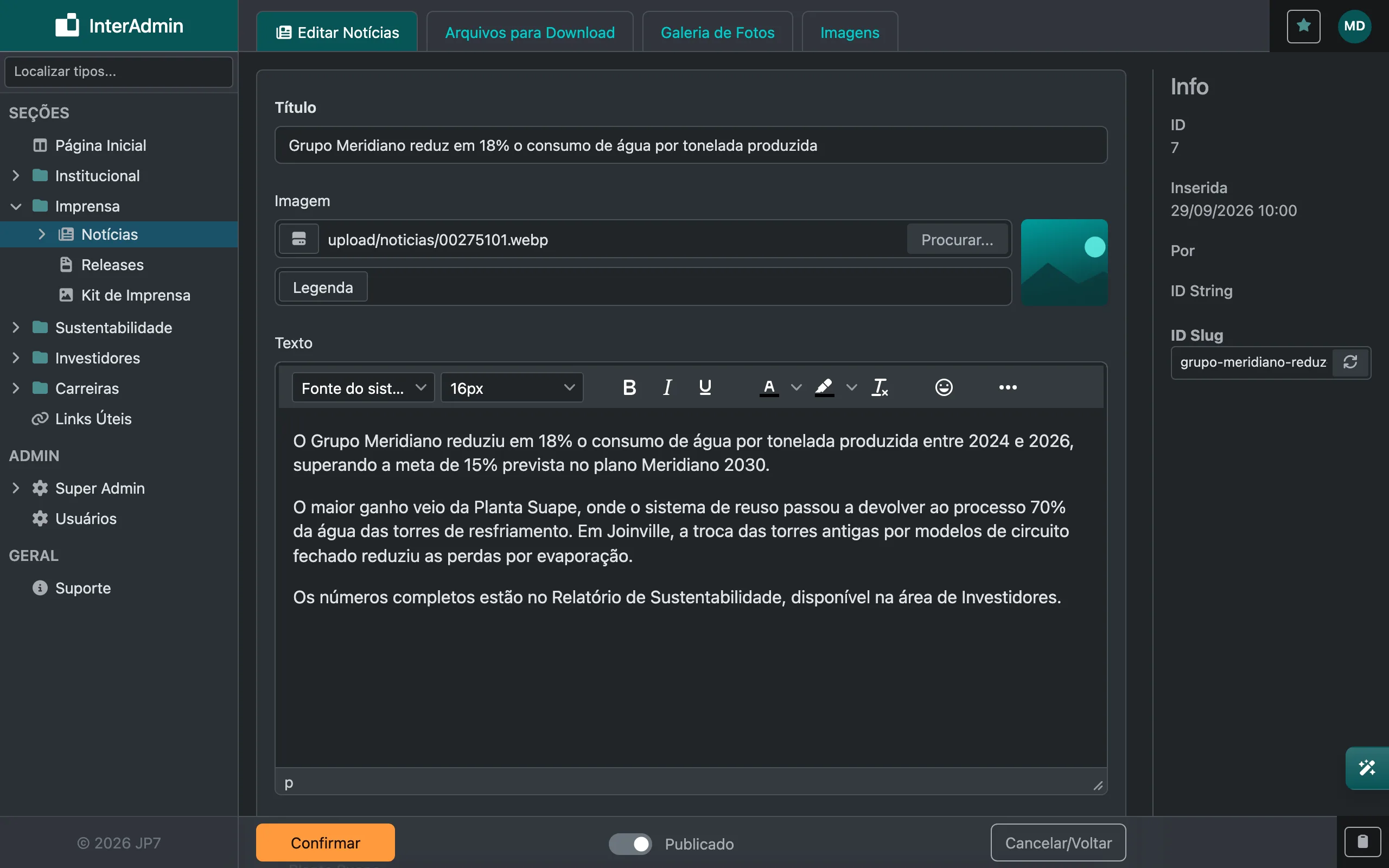 Formulário de uma notícia com título, imagem e texto